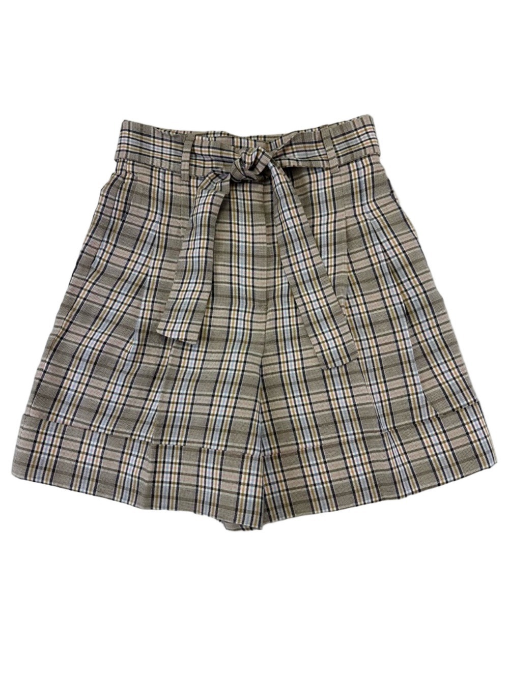 Massimo Dutti Taupe Plaid Belted Shorts High Waist Tailored Quiet Luxury size 6